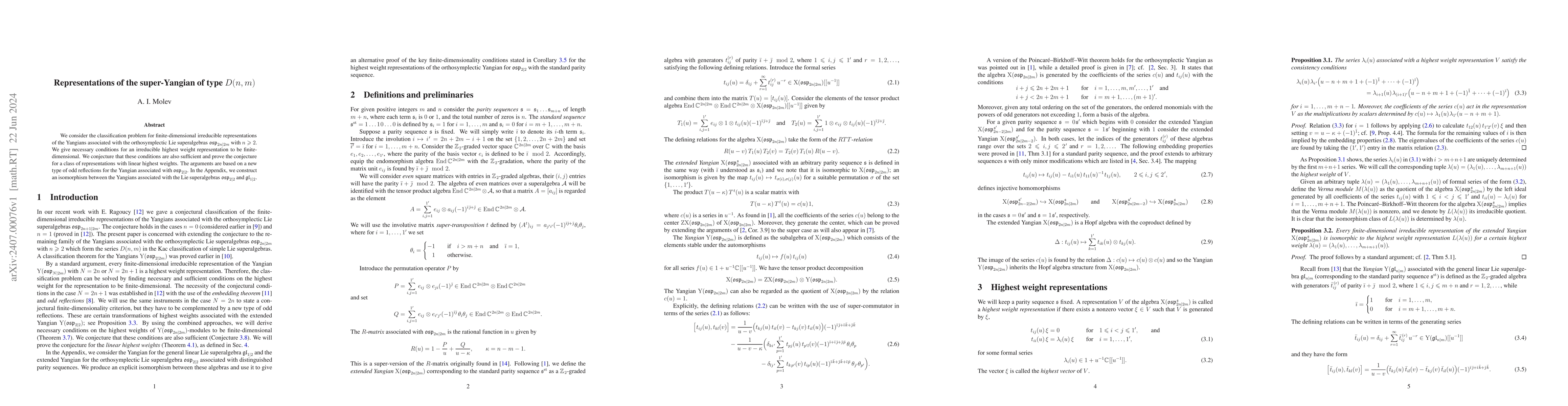 Thumbnail for Representations of the super-Yangian of type $D(n,m)$