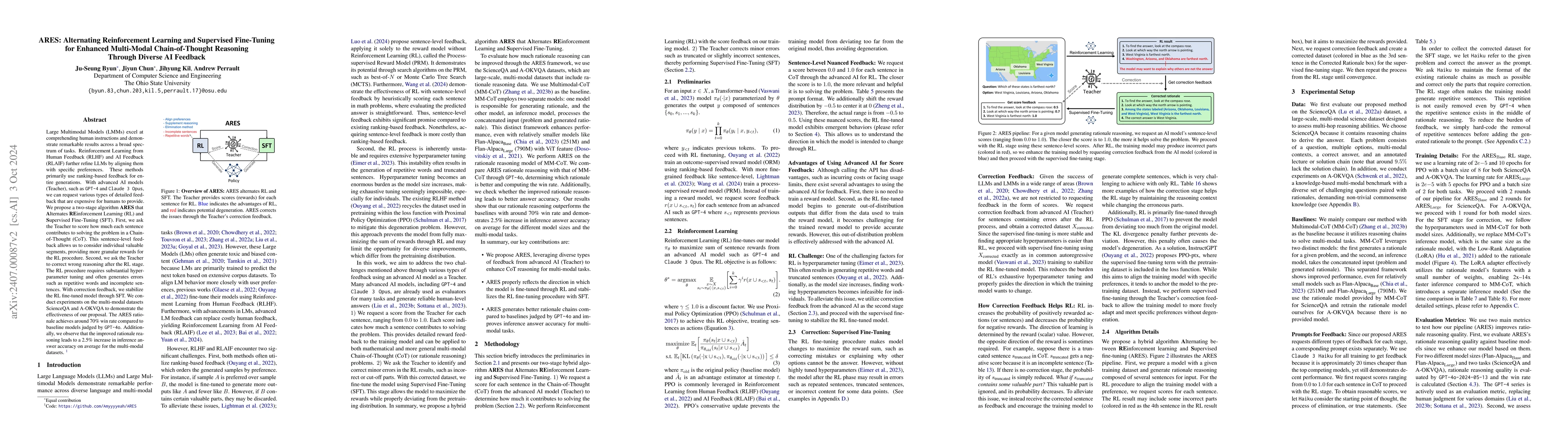 Thumbnail for ARES: Alternating Reinforcement Learning and Supervised Fine-Tuning for
  Enhanced Multi-Modal Chain-of-Thought Reasoning Through Diverse AI Feedback
