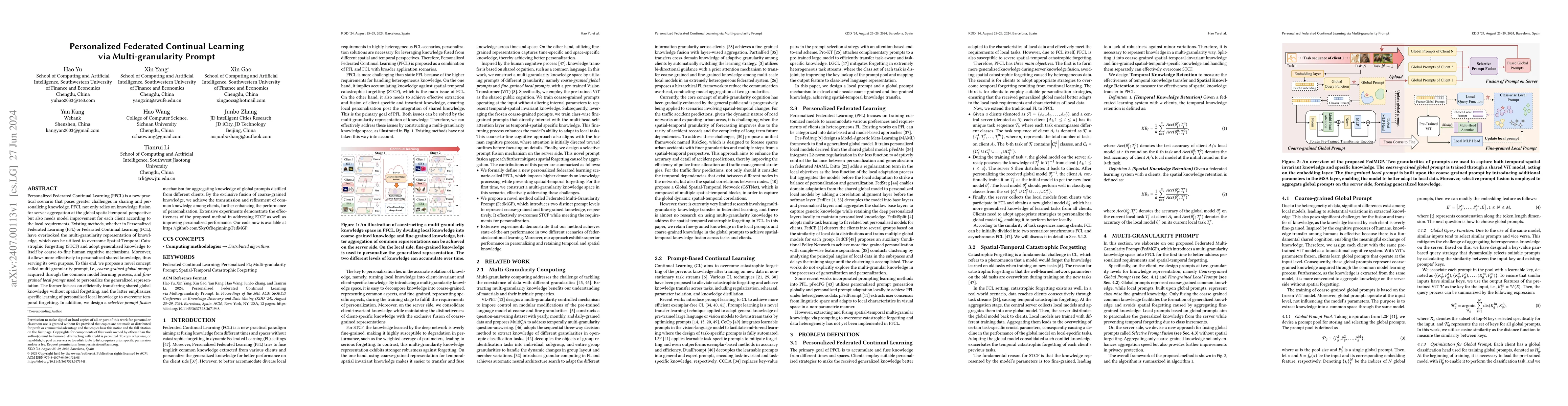 Thumbnail for Personalized Federated Continual Learning via Multi-granularity Prompt