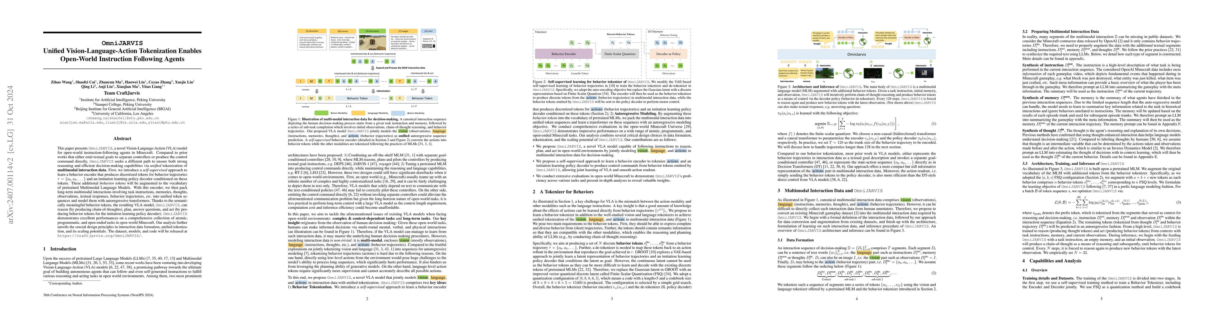 Thumbnail for OmniJARVIS: Unified Vision-Language-Action Tokenization Enables
  Open-World Instruction Following Agents