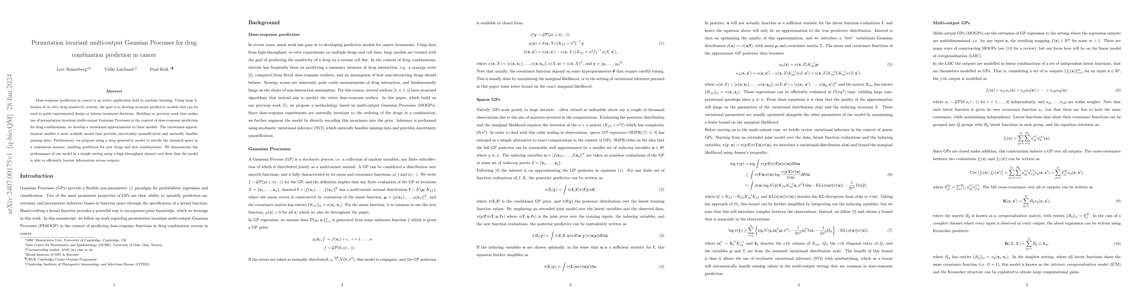 Thumbnail for Permutation invariant multi-output Gaussian Processes for drug
  combination prediction in cancer