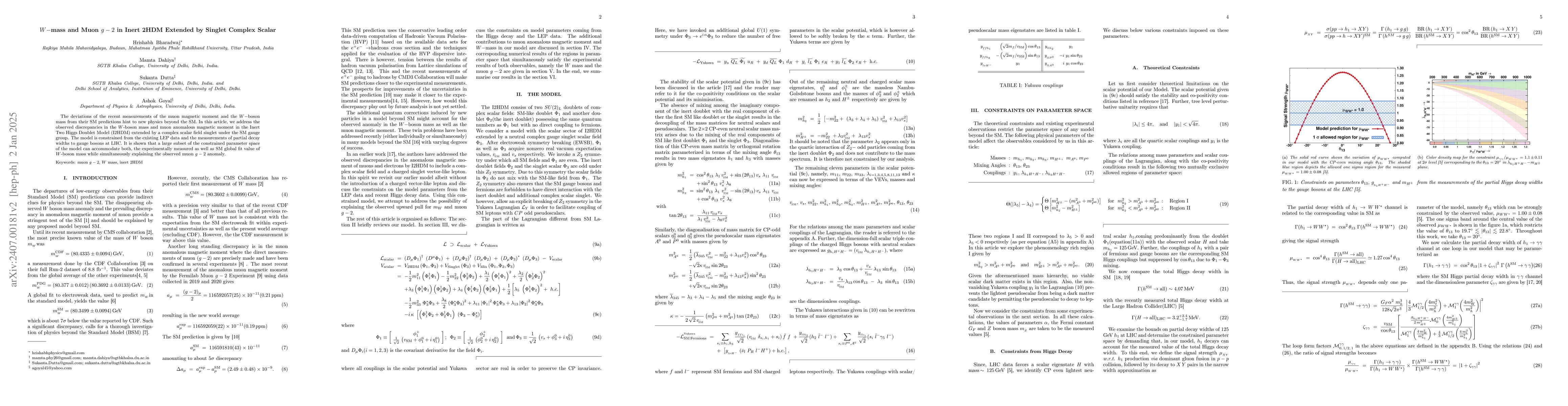 Thumbnail for $W-$mass and Muon $g-2$ in Inert 2HDM Extended by Singlet Complex Scalar