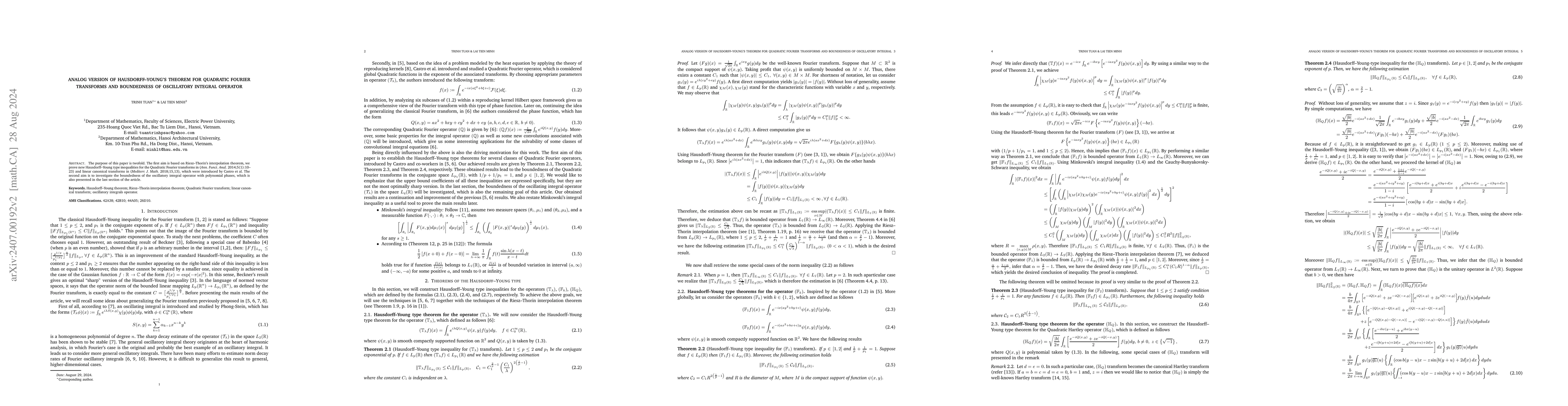 Thumbnail for Analog version of Hausdorff--Young's theorem for quadratic Fourier
  transforms and boundedness of oscillatory integral operator