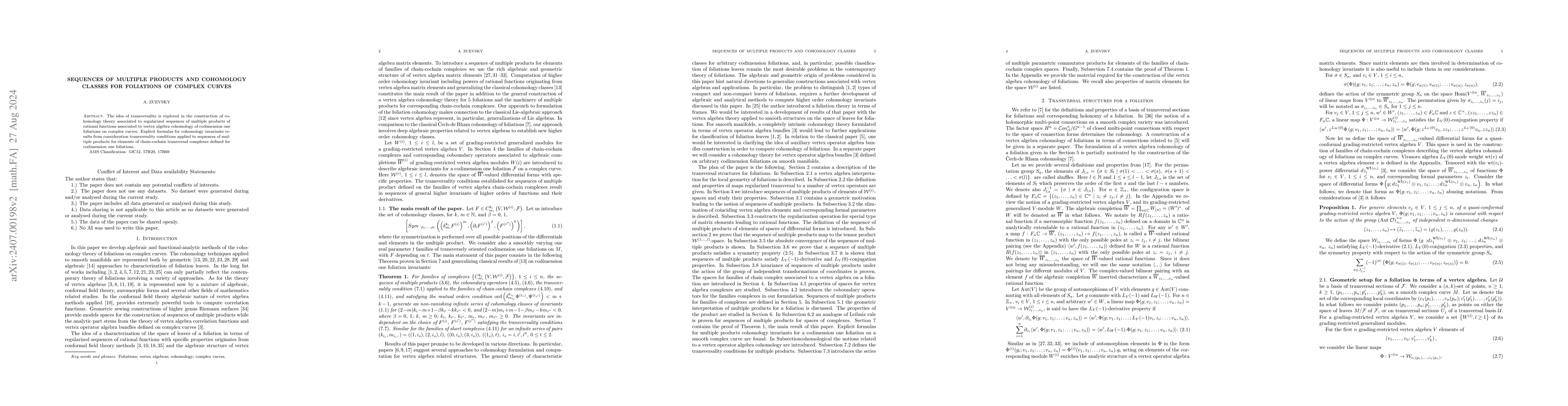 Thumbnail for Sequences of multiple products and cohomology classes for foliations of
  complex curves