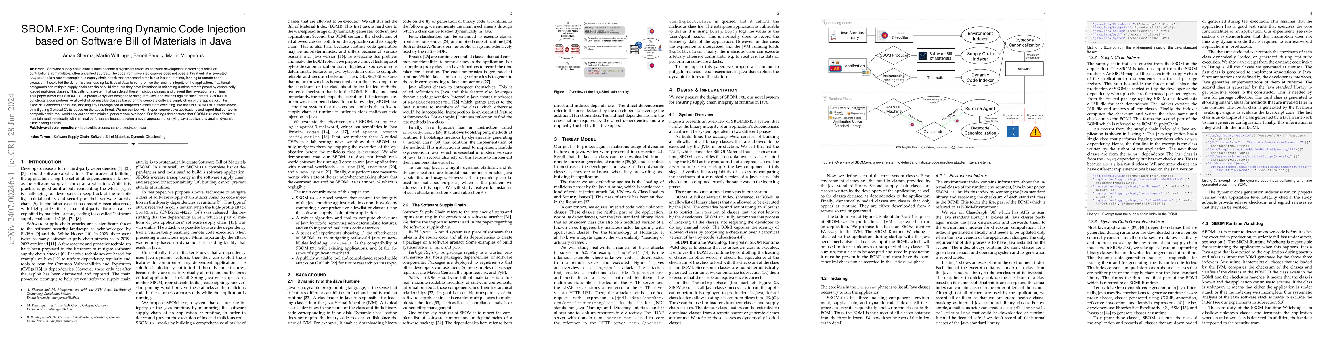 Thumbnail for SBOM.EXE: Countering Dynamic Code Injection based on Software Bill of
  Materials in Java