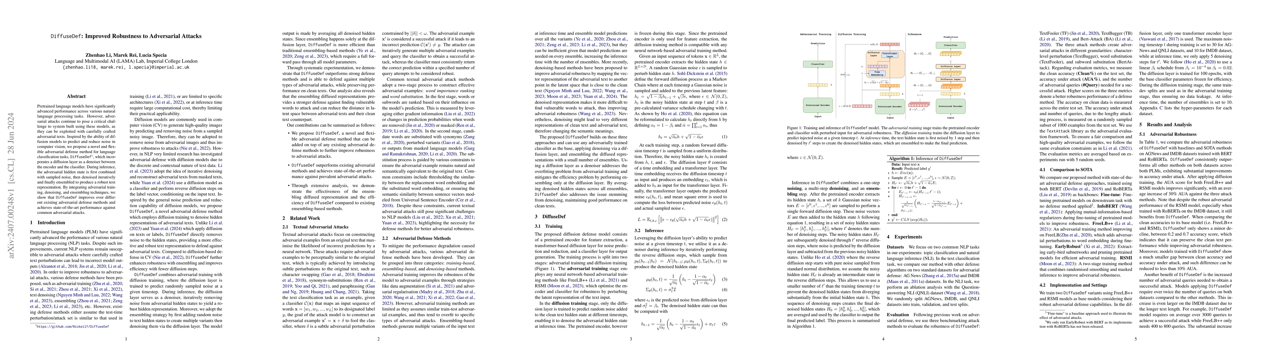 Thumbnail for DiffuseDef: Improved Robustness to Adversarial Attacks