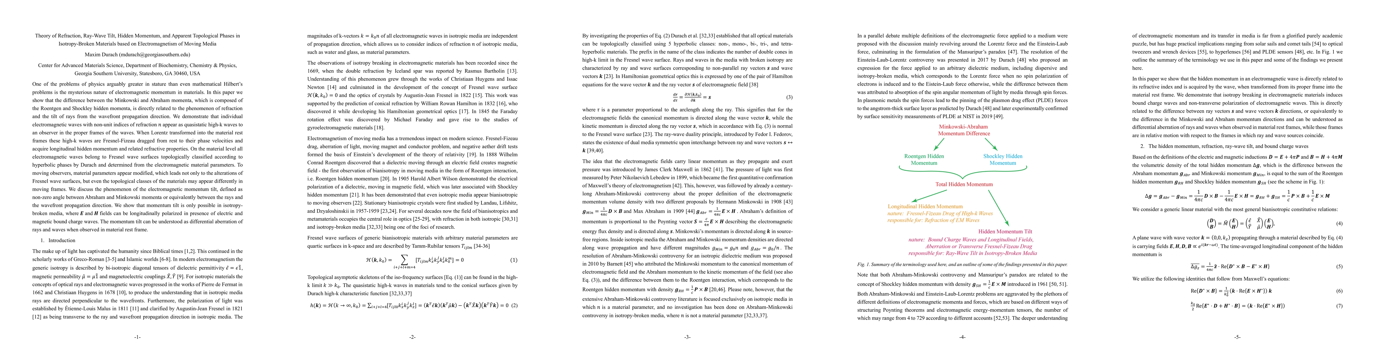 Thumbnail for Theory of Refraction, Ray-Wave Tilt, Hidden Momentum, and Apparent
  Topological Phases in Isotropy-Broken Materials based on Electromagnetism of
  Moving Media