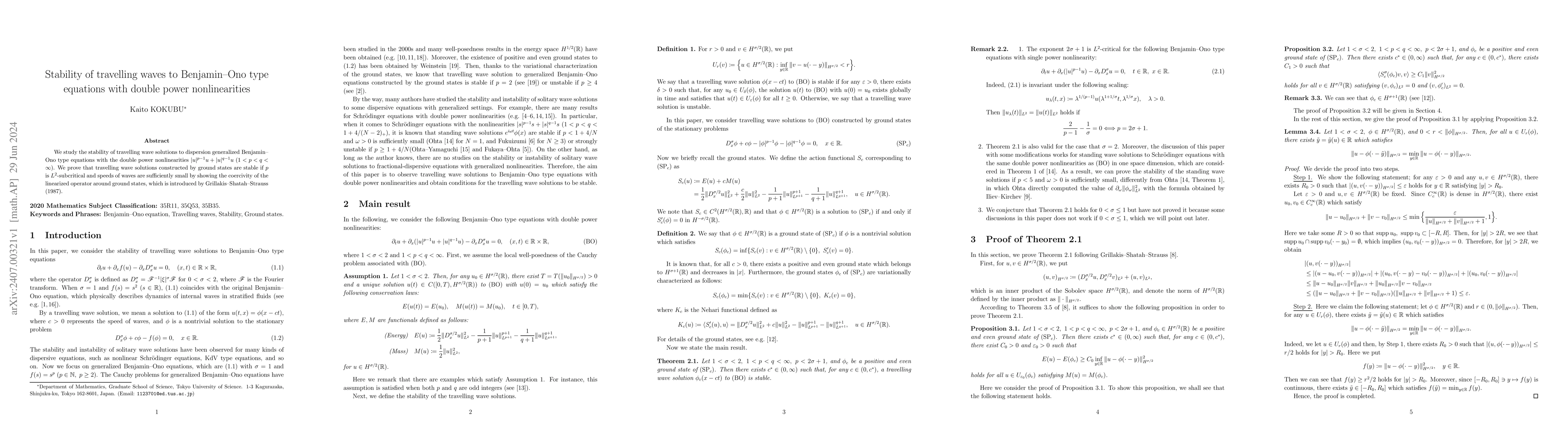 Thumbnail for Stability of travelling waves to Benjamin-Ono type equations with double
  power nonlinearities