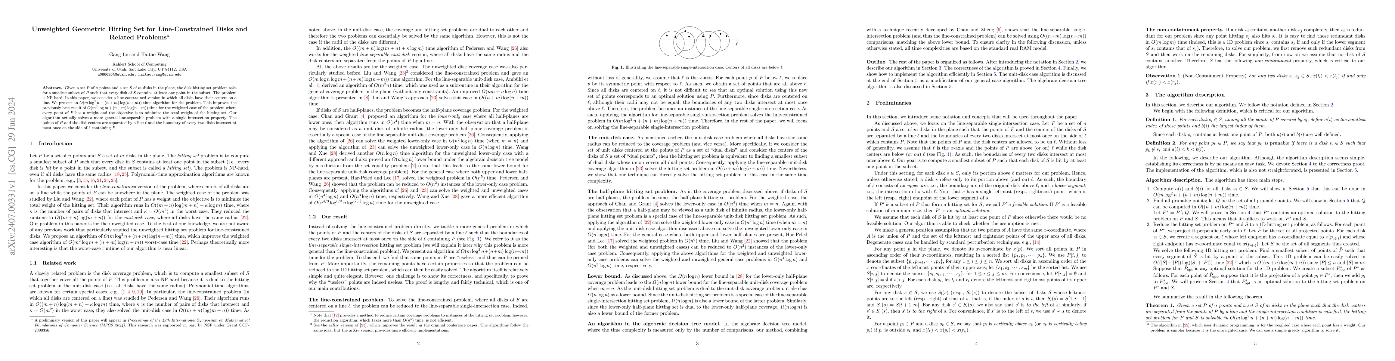 Thumbnail for Unweighted Geometric Hitting Set for Line-Constrained Disks and Related
  Problems