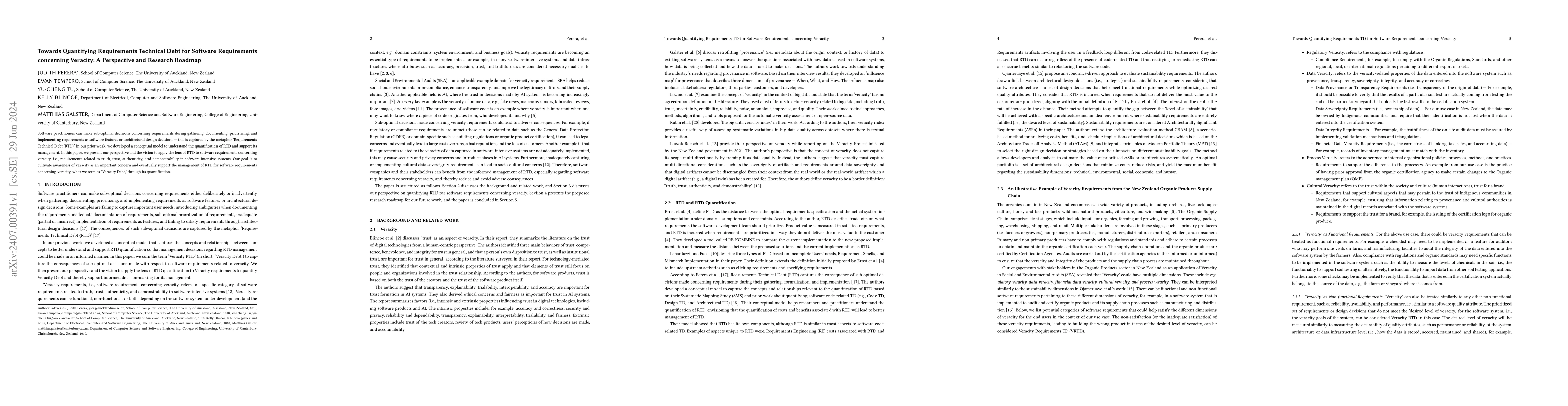 Thumbnail for Towards Quantifying Requirements Technical Debt for Software
  Requirements concerning Veracity: A Perspective and Research Roadmap