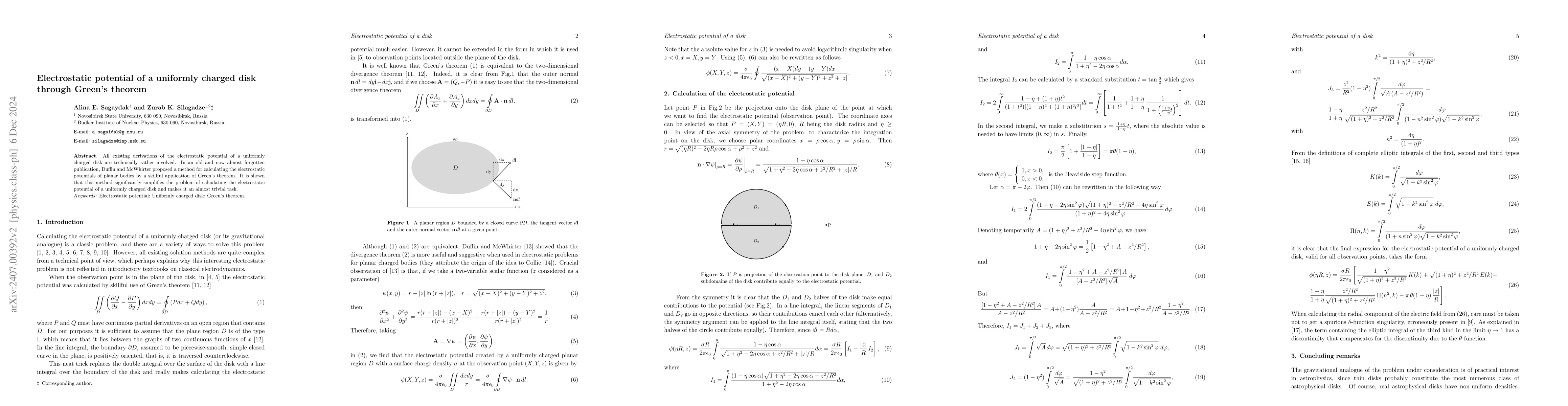 Thumbnail for Electrostatic potential of a uniformly charged disk through Green's
  theorem