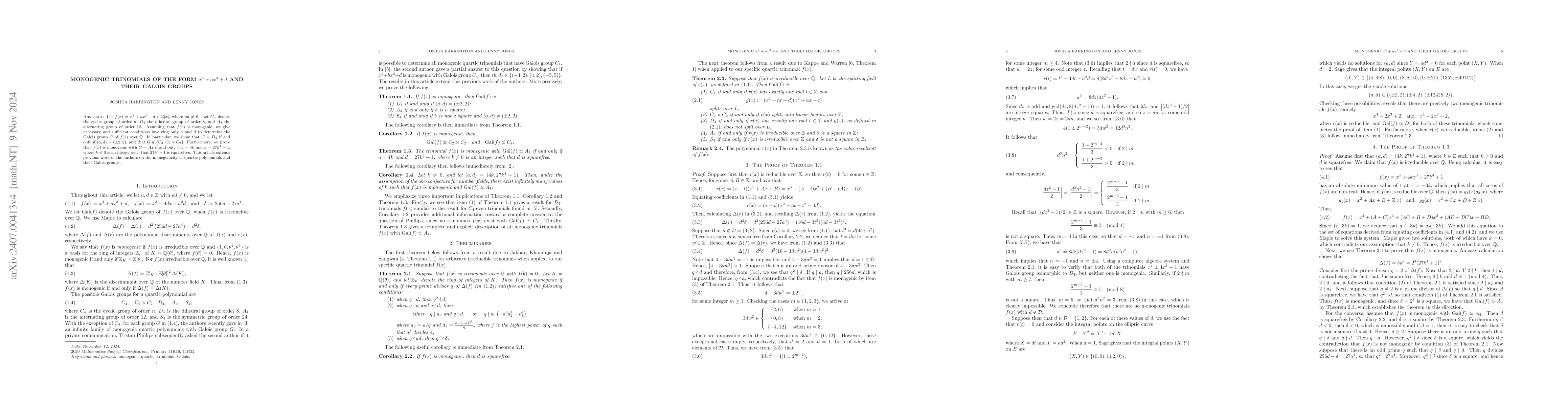 Thumbnail for Monogenic trinomials of the form $x^4+ax^3+d$ and their Galois groups