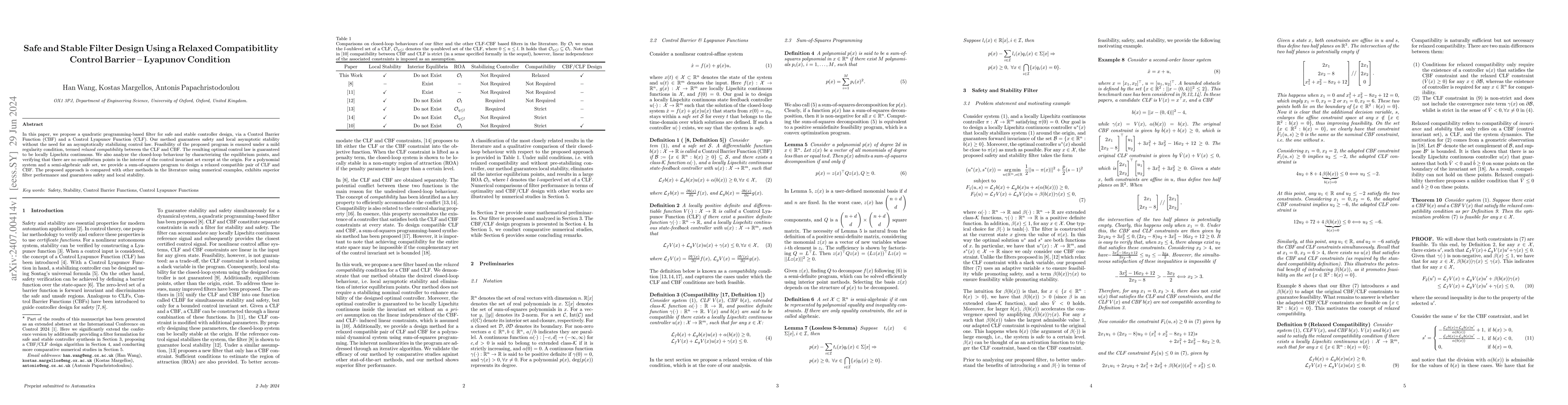 Thumbnail for Safe and Stable Filter Design Using a Relaxed Compatibitlity Control
  Barrier -- Lyapunov Condition