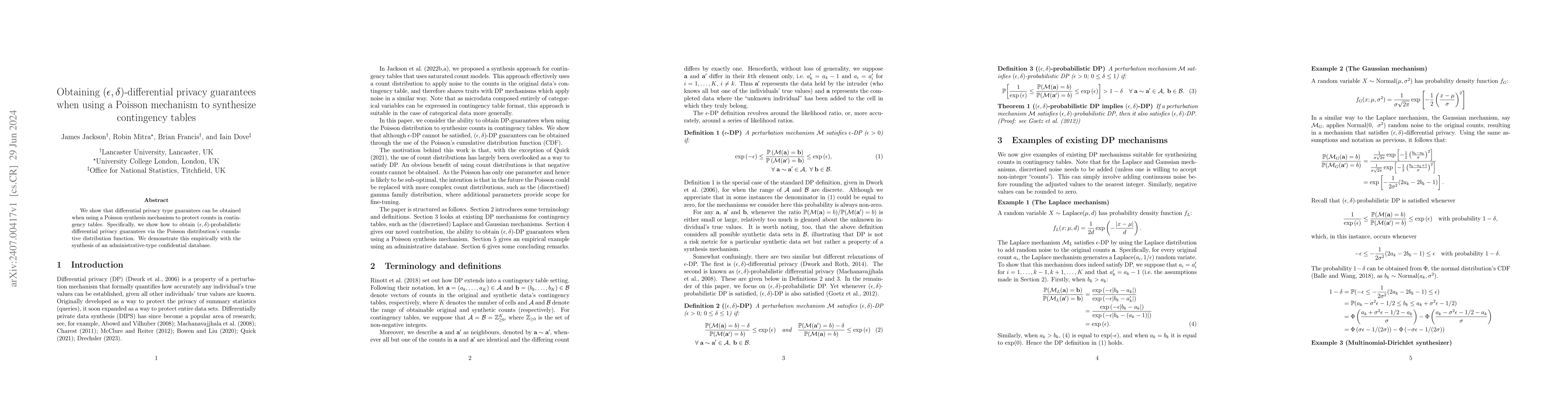 Thumbnail for Obtaining $(\epsilon,\delta)$-differential privacy guarantees when using
  a Poisson mechanism to synthesize contingency tables