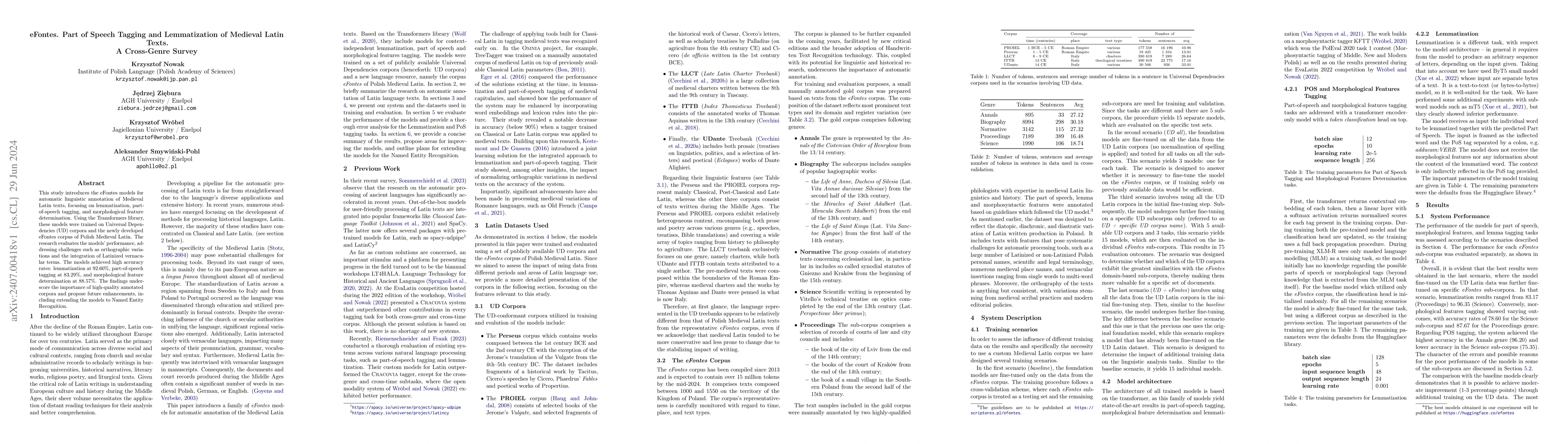 Thumbnail for eFontes. Part of Speech Tagging and Lemmatization of Medieval Latin
  Texts.A Cross-Genre Survey
