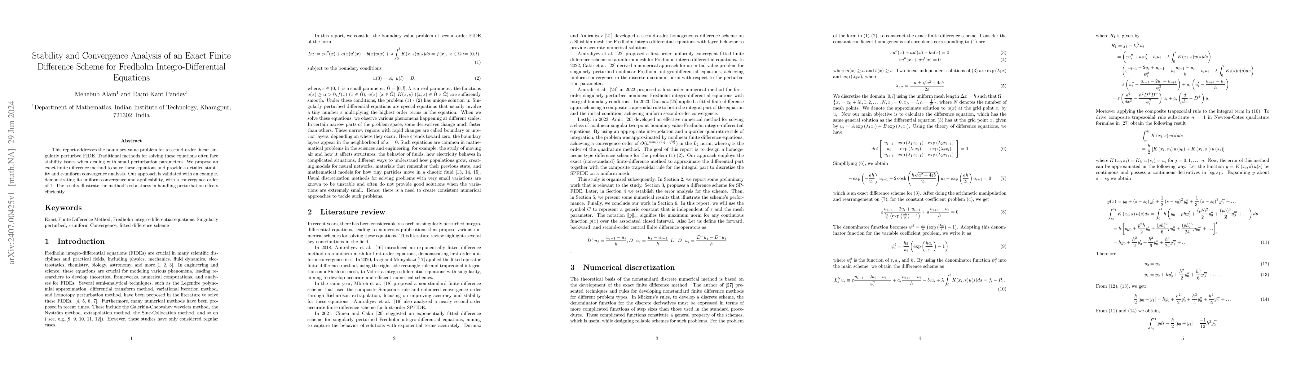 Thumbnail for Stability and Convergence Analysis of an Exact Finite Difference Scheme
  for Fredholm Integro-Differential Equations