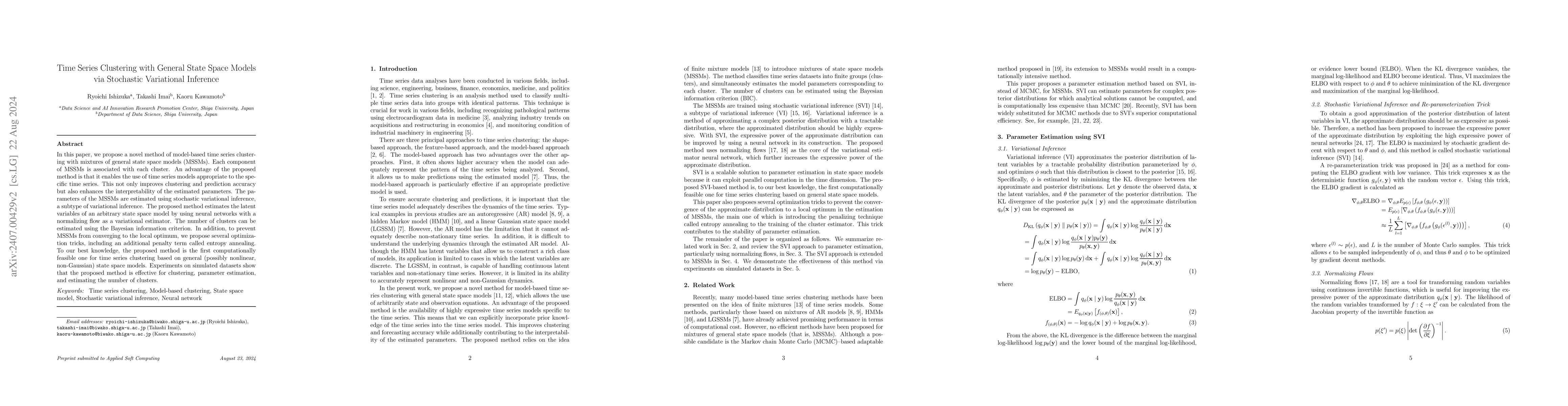 Thumbnail for Time Series Clustering with General State Space Models via Stochastic
  Variational Inference