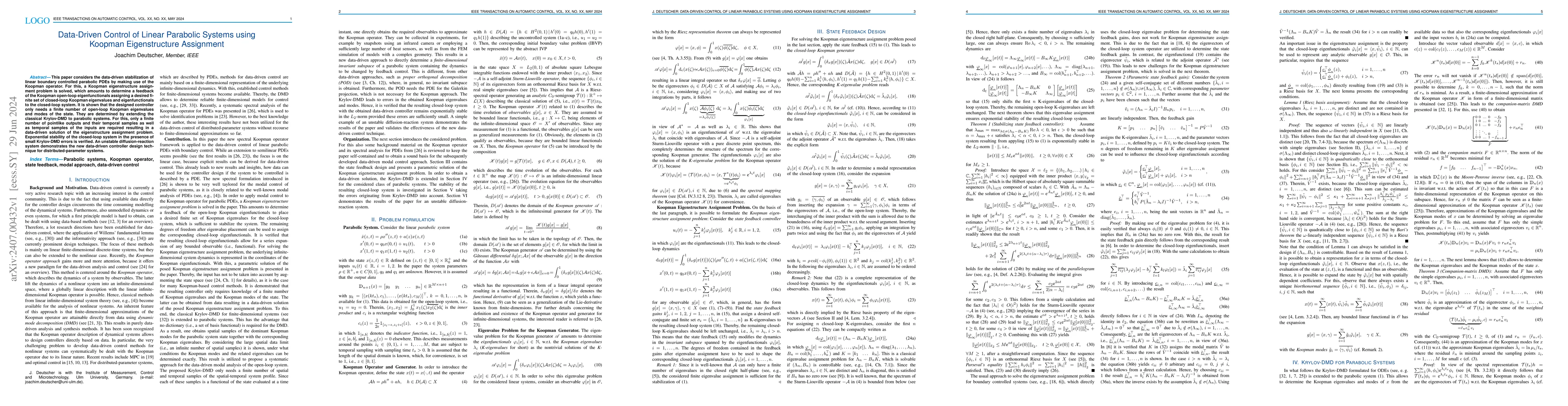 Thumbnail for Data-Driven Control of Linear Parabolic Systems using Koopman
  Eigenstructure Assignment