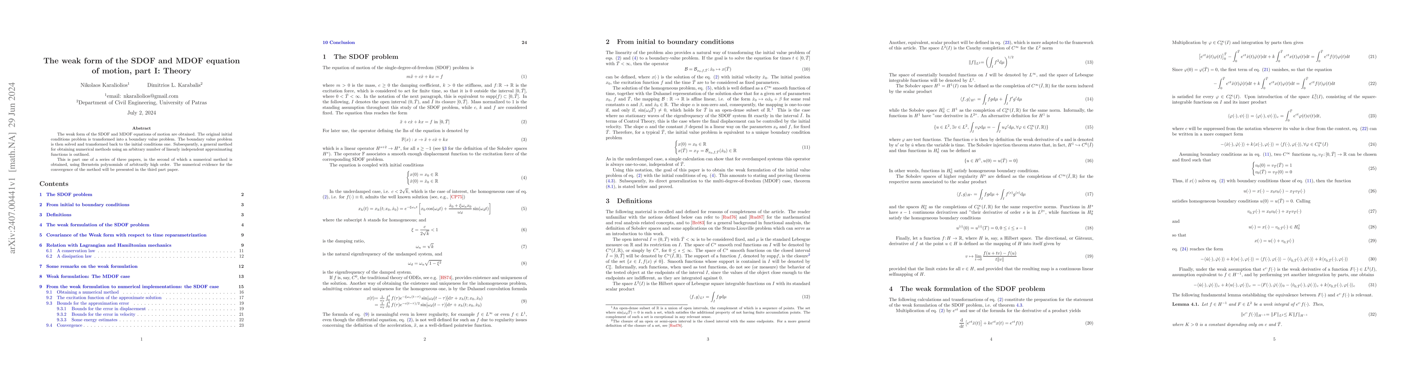Thumbnail for The weak form of the SDOF and MDOF equation of motion, part I: Theory