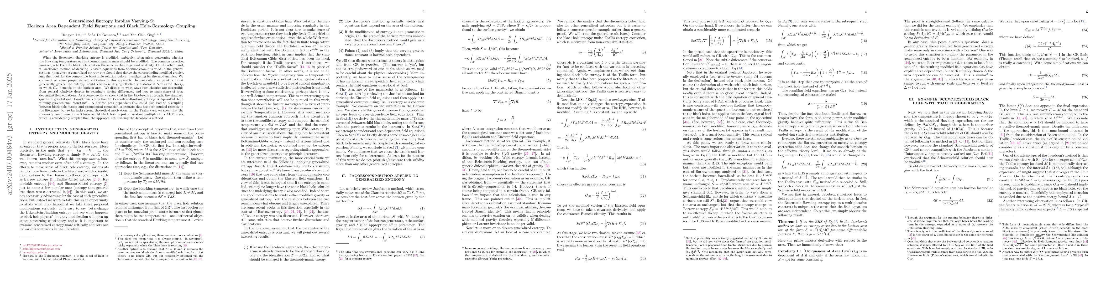 Thumbnail for Generalized Entropy Implies Varying-G: Horizon Area Dependent Field
  Equations and Black Hole-Cosmology Coupling