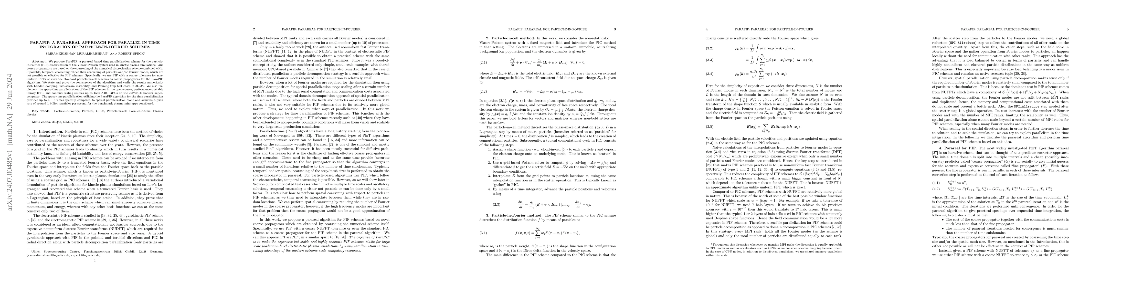 Thumbnail for ParaPIF: A Parareal Approach for Parallel-in-Time Integration of
  Particle-in-Fourier schemes