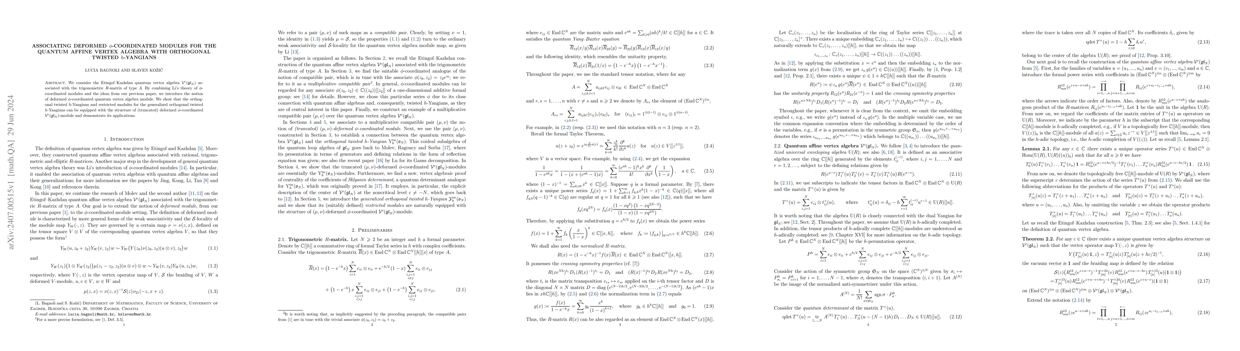 Thumbnail for Associating deformed $\phi$-coordinated modules for the quantum affine
  vertex algebra with orthogonal twisted $h$-Yangians