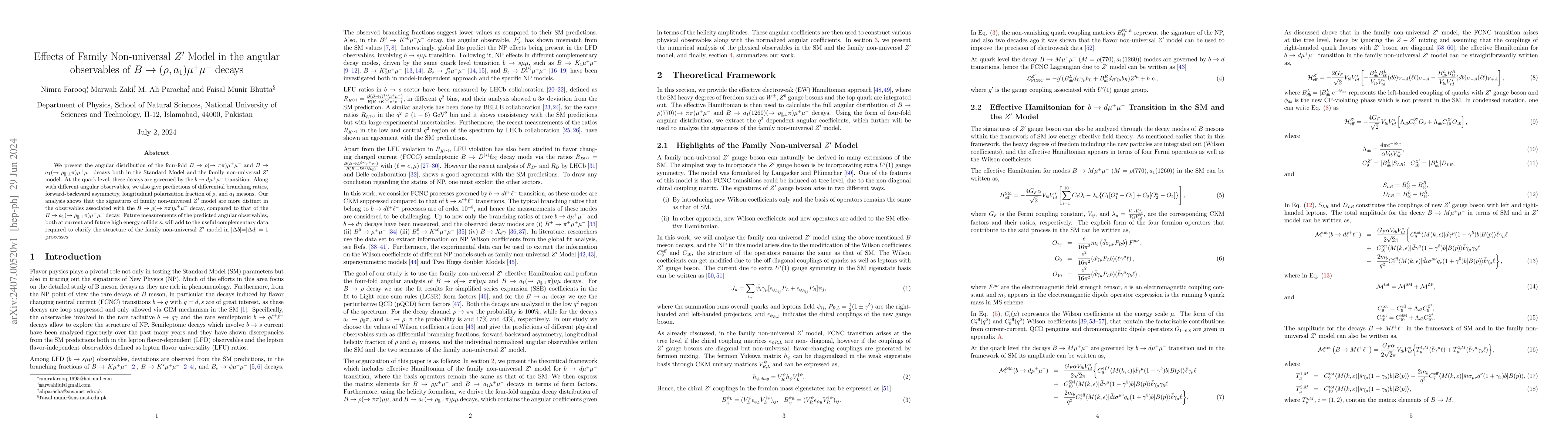 Thumbnail for Effects of Family Non-universal $Z^{\prime}$ Model in the angular
  observables of $B\to(\rho,a_{1})\mu^{+}\mu^{-}$ decays