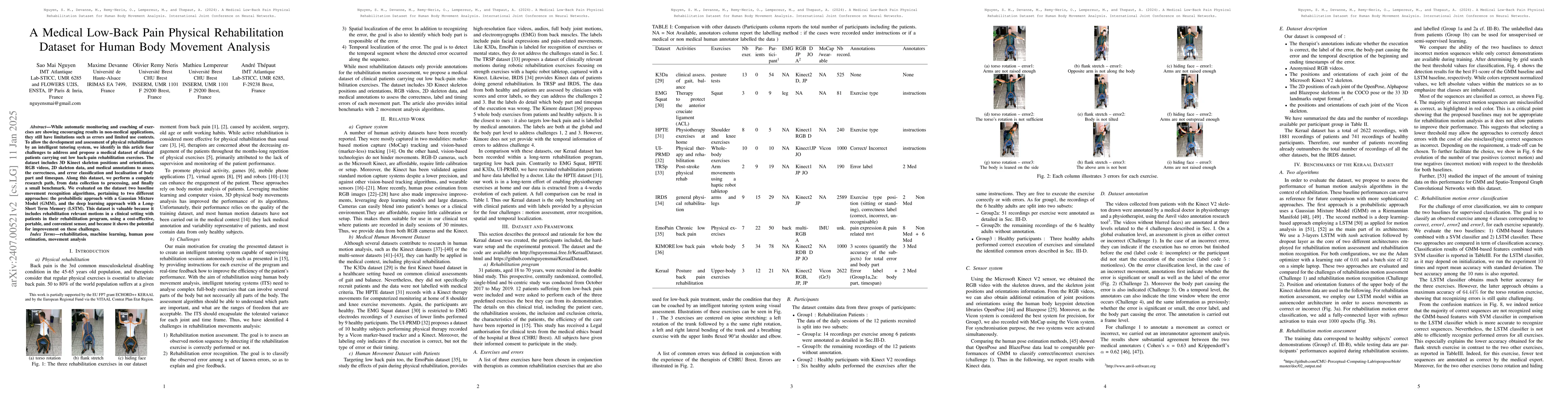 Thumbnail for A Medical Low-Back Pain Physical Rehabilitation Dataset for Human Body
  Movement Analysis
