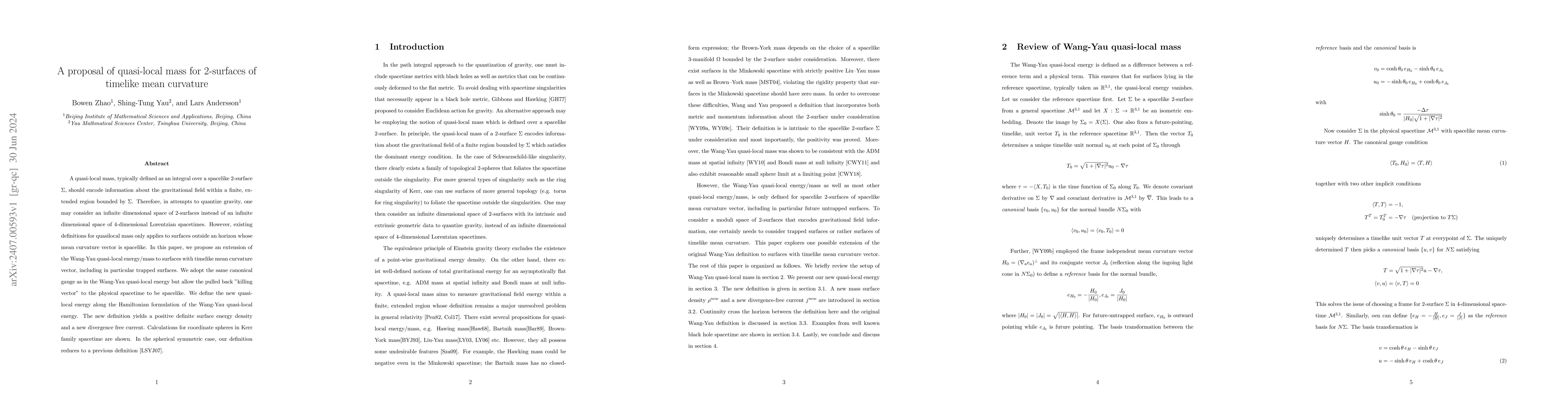 Thumbnail for A proposal of quasi-local mass for 2-surfaces of timelike mean curvature
