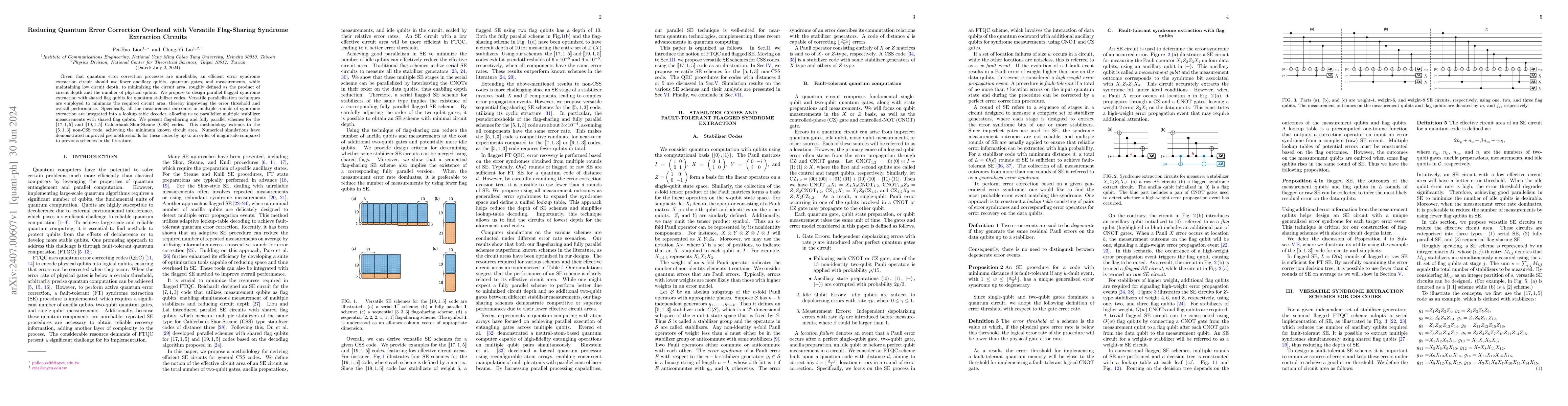 Thumbnail for Reducing Quantum Error Correction Overhead with Versatile Flag-Sharing
  Syndrome Extraction Circuits