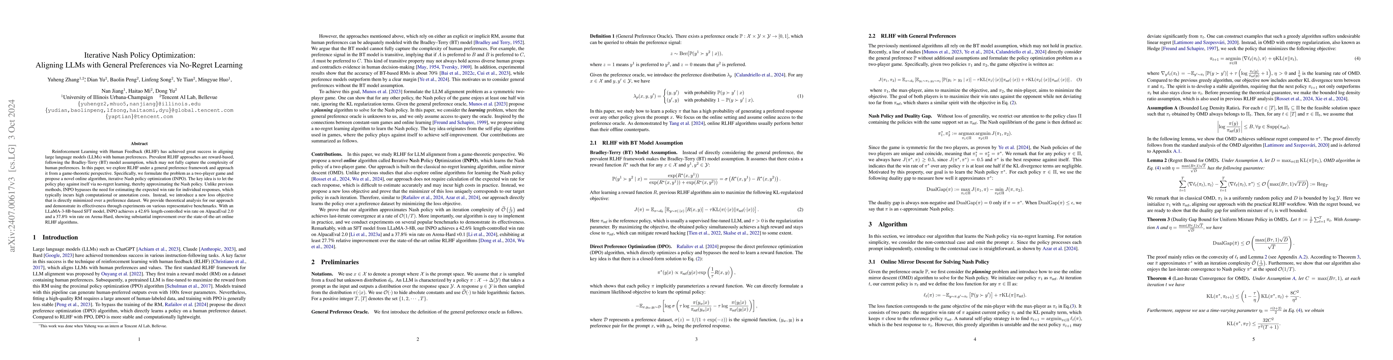Thumbnail for Iterative Nash Policy Optimization: Aligning LLMs with General
  Preferences via No-Regret Learning