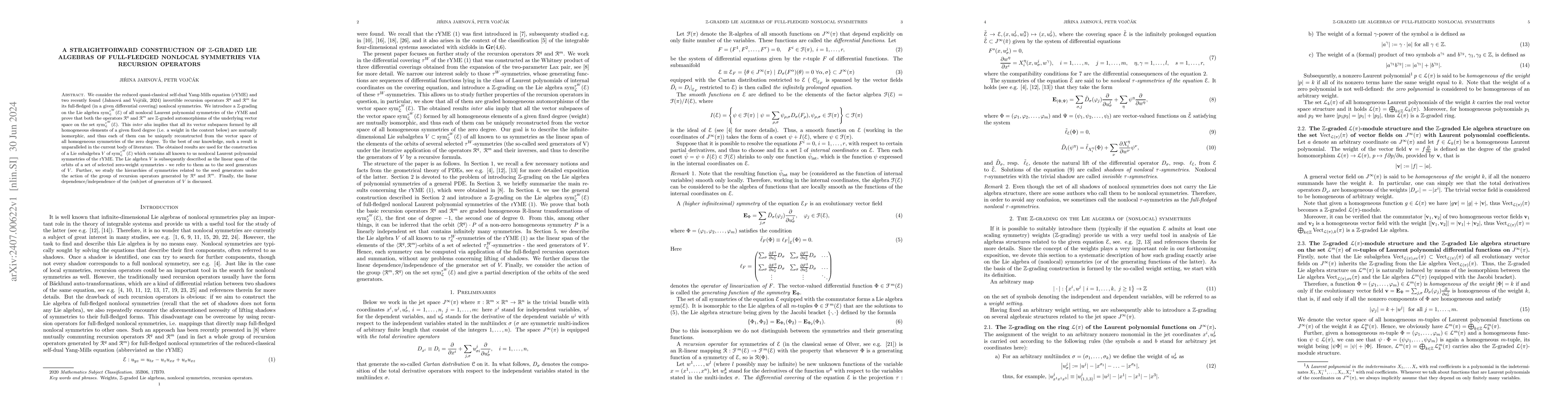 Thumbnail for A straightforward construction of $\Bbb Z$-graded Lie algebras of
  full-fledged nonlocal symmetries via recursion operators