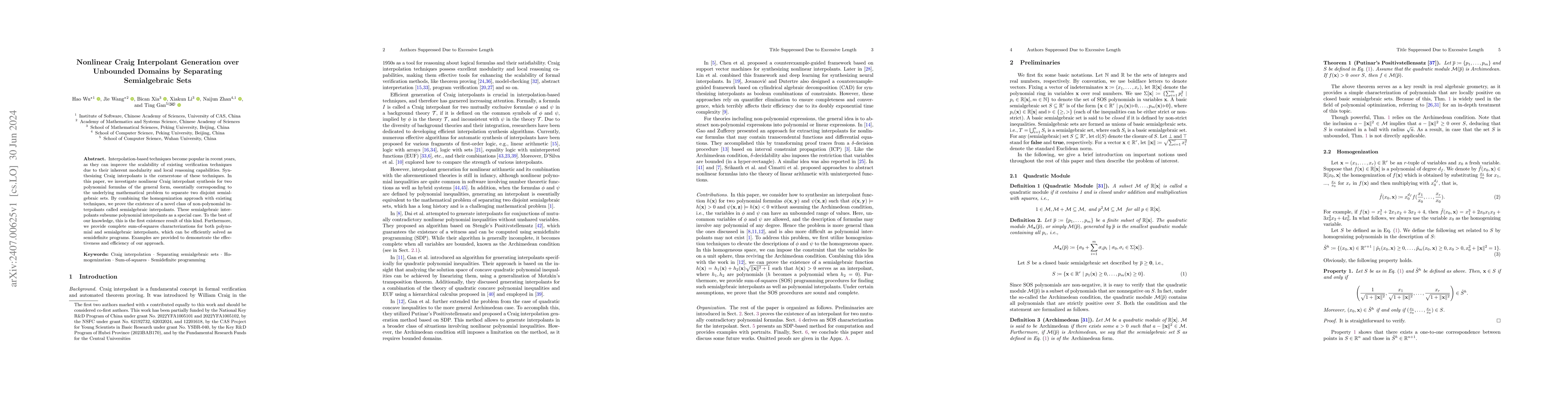 Thumbnail for Nonlinear Craig Interpolant Generation over Unbounded Domains by
  Separating Semialgebraic Sets