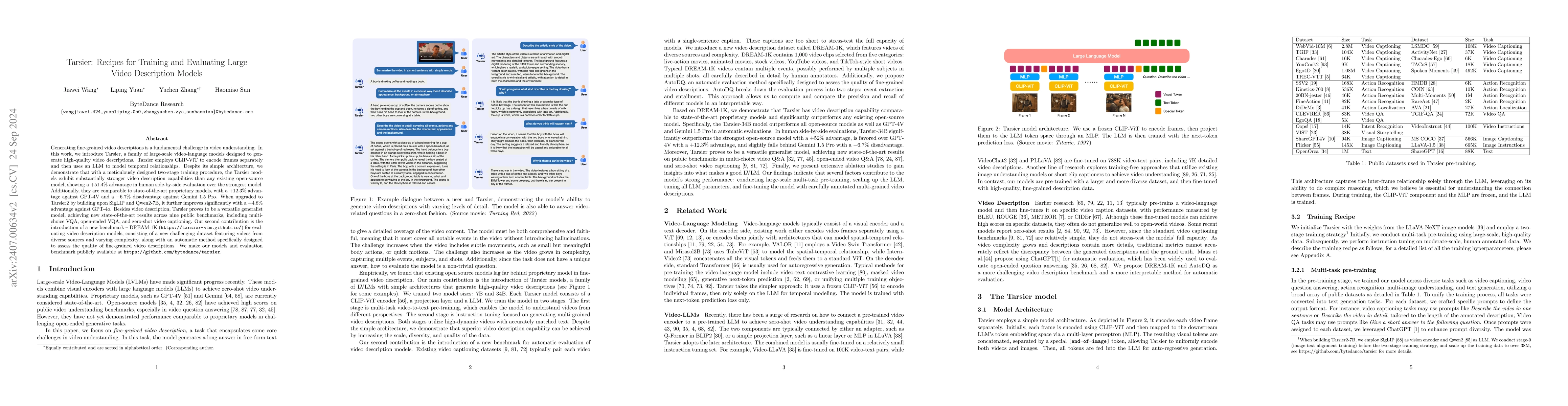 Thumbnail for Tarsier: Recipes for Training and Evaluating Large Video Description
  Models