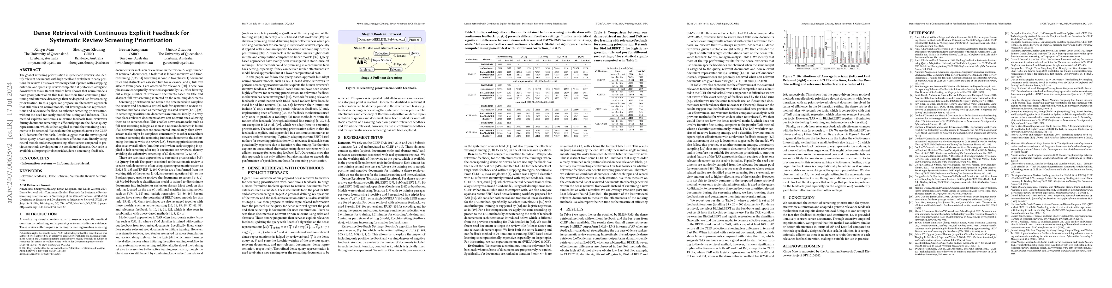 Thumbnail for Dense Retrieval with Continuous Explicit Feedback for Systematic Review
  Screening Prioritisation