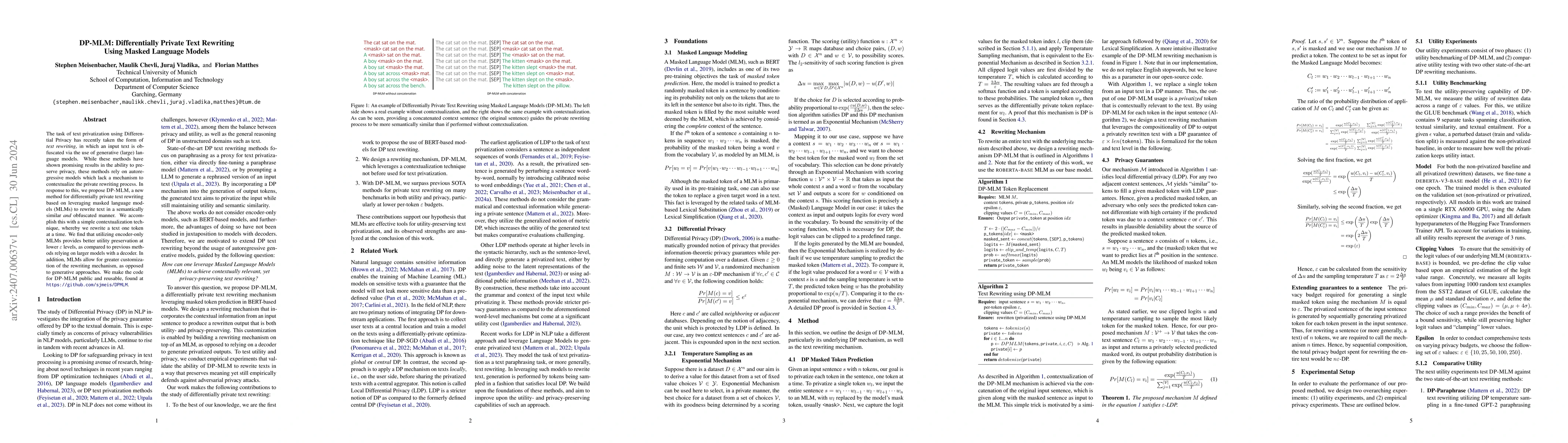 Thumbnail for DP-MLM: Differentially Private Text Rewriting Using Masked Language
  Models