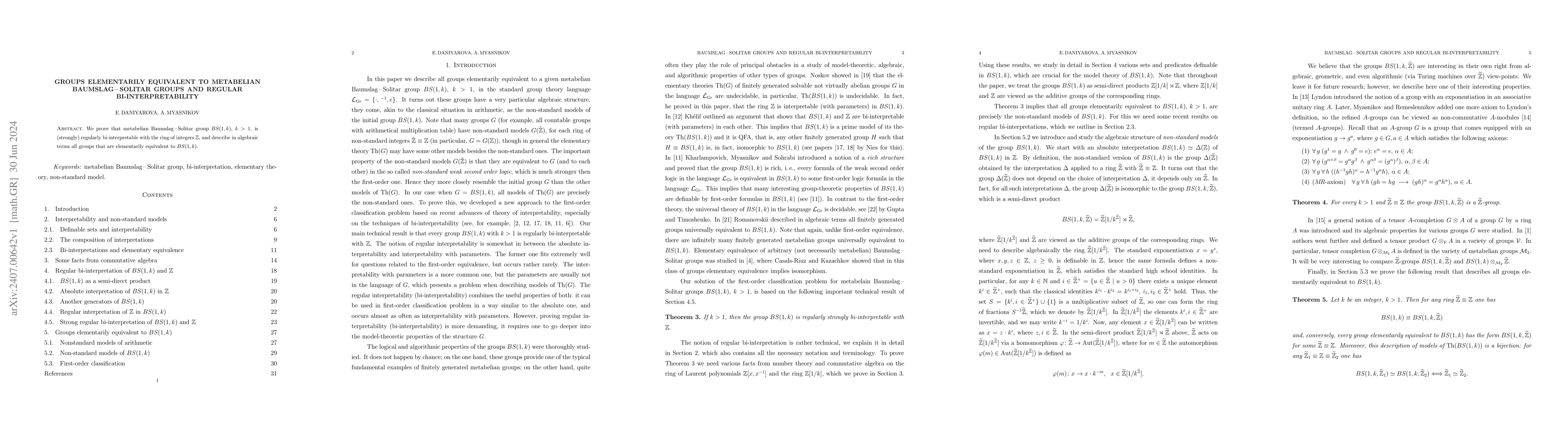 Thumbnail for Groups elementarily equivalent to metabelian Baumslag$-$Solitar groups
  and regular bi-interpretability