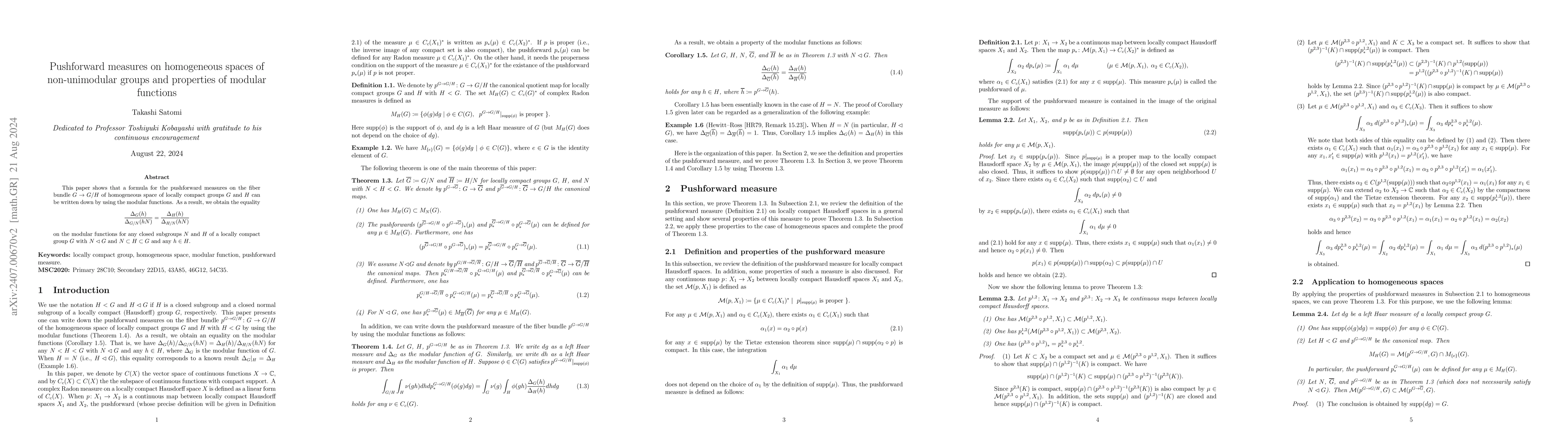 Thumbnail for Pushforward measures on homogeneous spaces of non-unimodular groups and
  properties of modular functions