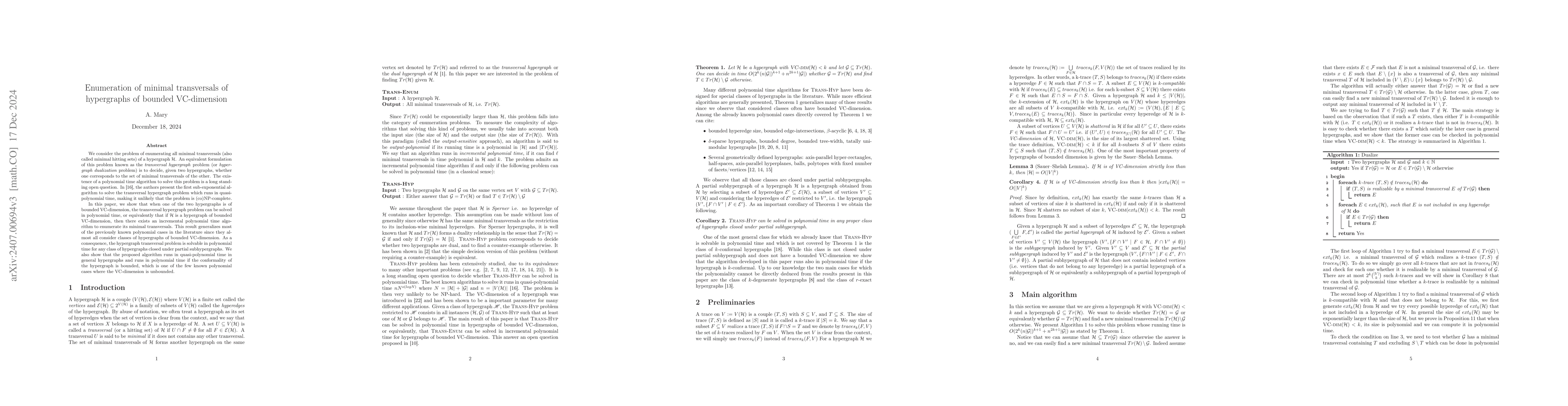 Thumbnail for Enumeration of minimal transversals of hypergraphs of bounded
  VC-dimension