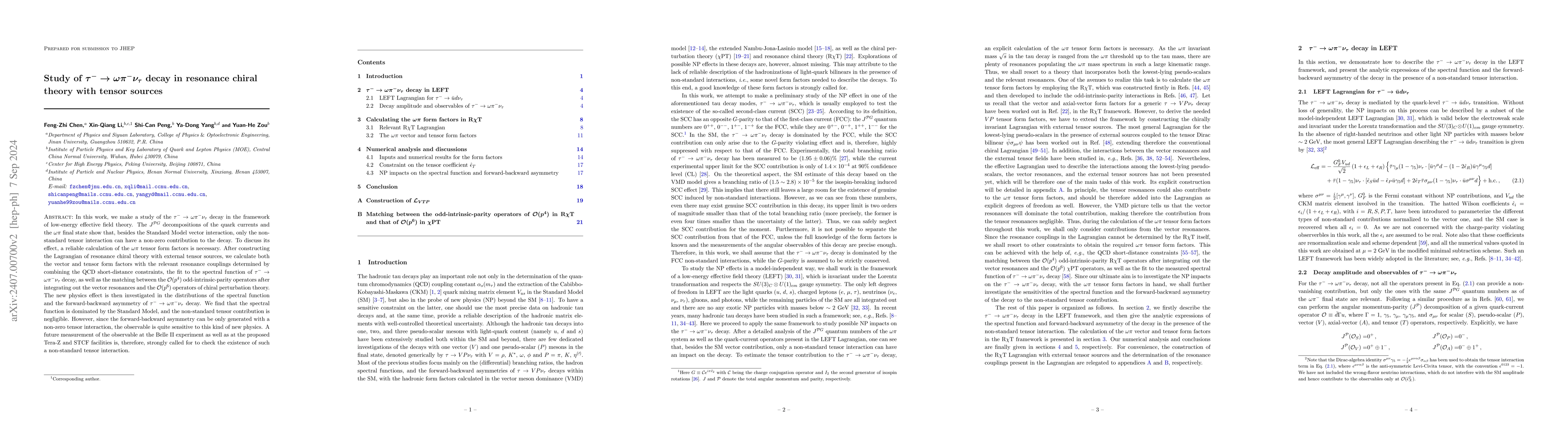 Thumbnail for Study of $\tau^- \to \omega \pi^- \nu_\tau$ decay in resonance chiral
  theory with tensor sources