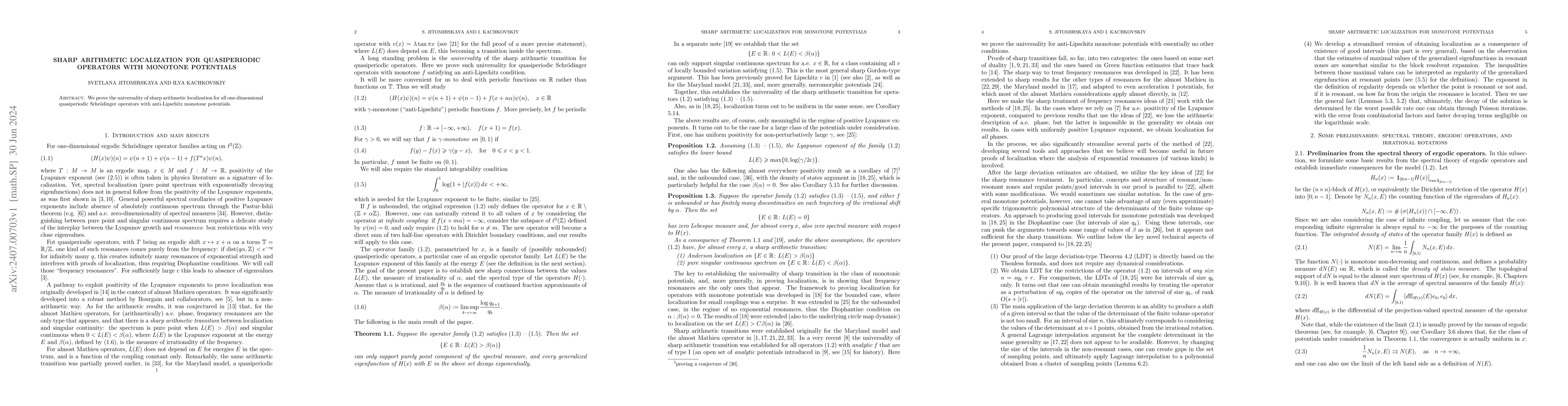 Thumbnail for Sharp arithmetic localization for quasiperiodic operators with monotone
  potentials