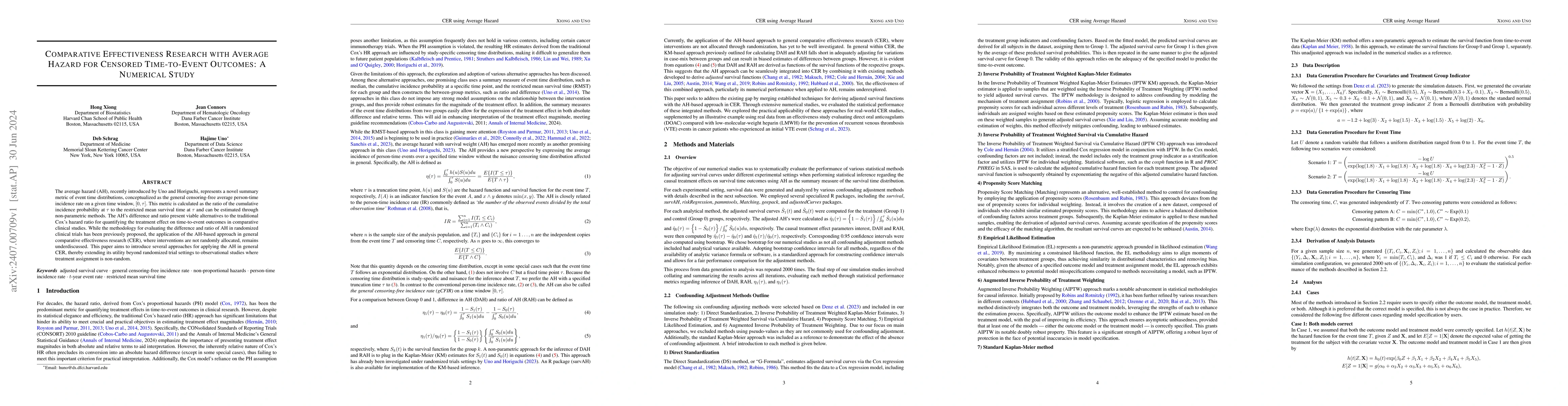 Thumbnail for Comparative Effectiveness Research with Average Hazard for Censored
  Time-to-Event Outcomes: A Numerical Study