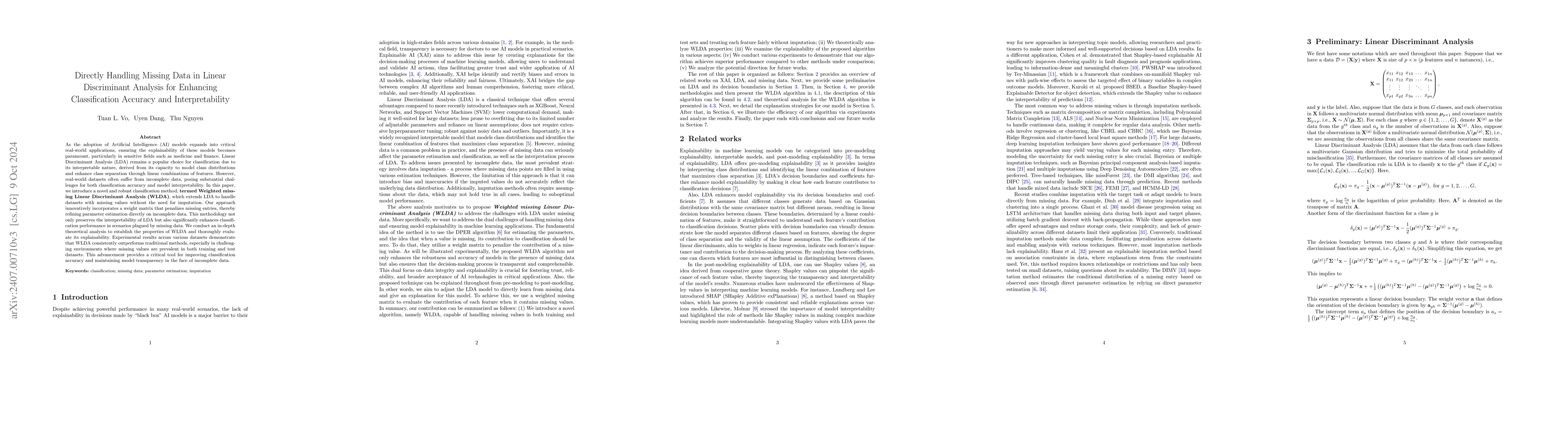Thumbnail for Weighted Missing Linear Discriminant Analysis: An Explainable Approach
  for Classification with Missing Data