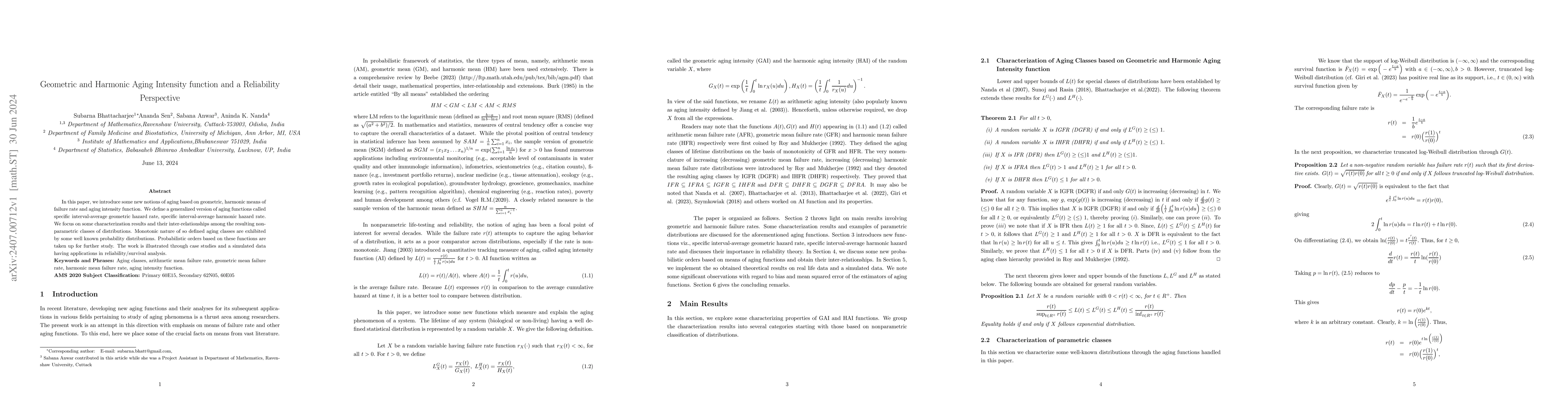 Thumbnail for Geometric and Harmonic Aging Intensity function and a Reliability
  Perspective
