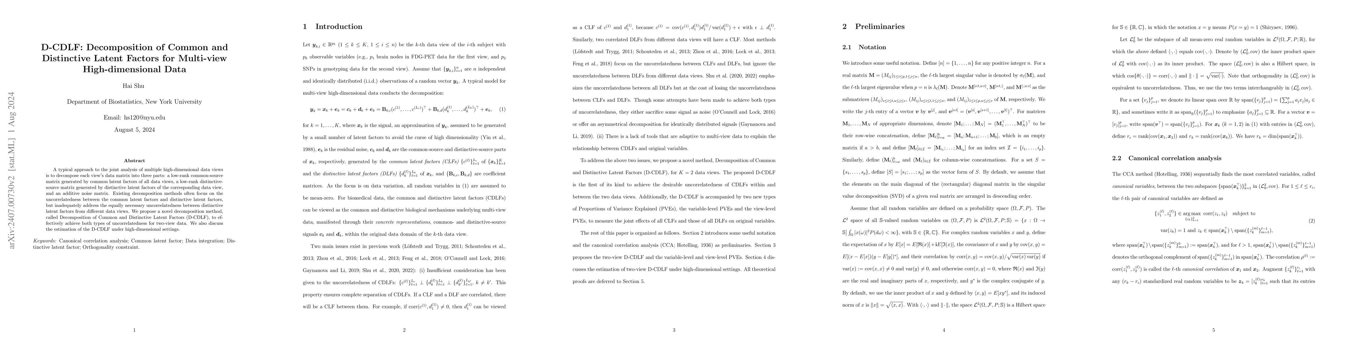 Thumbnail for D-CDLF: Decomposition of Common and Distinctive Latent Factors for
  Multi-view High-dimensional Data