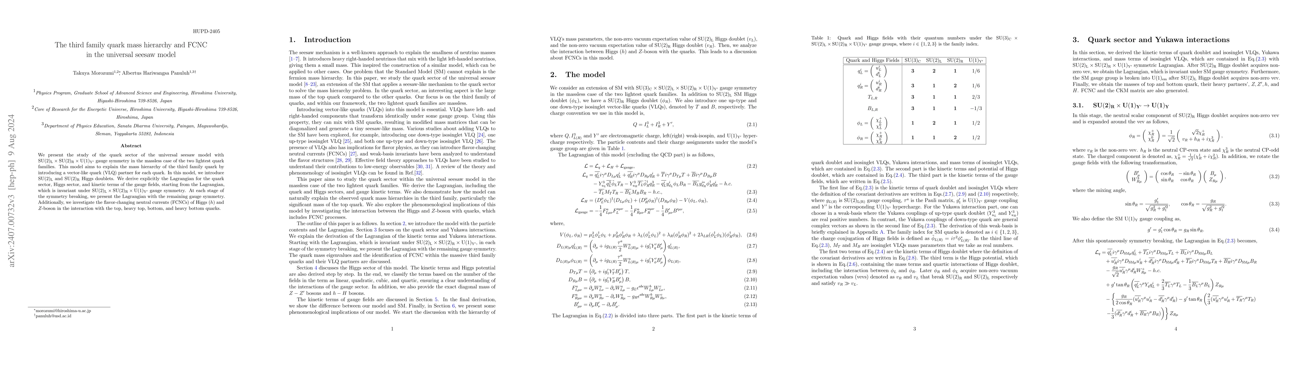 Thumbnail for The third family quark mass hierarchy and FCNC in the universal seesaw
  model