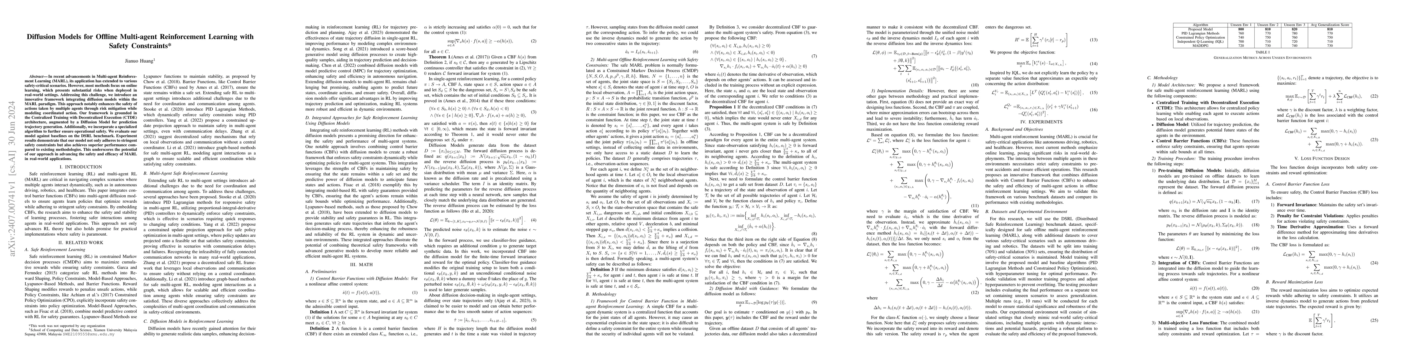 Thumbnail for Diffusion Models for Offline Multi-agent Reinforcement Learning with
  Safety Constraints