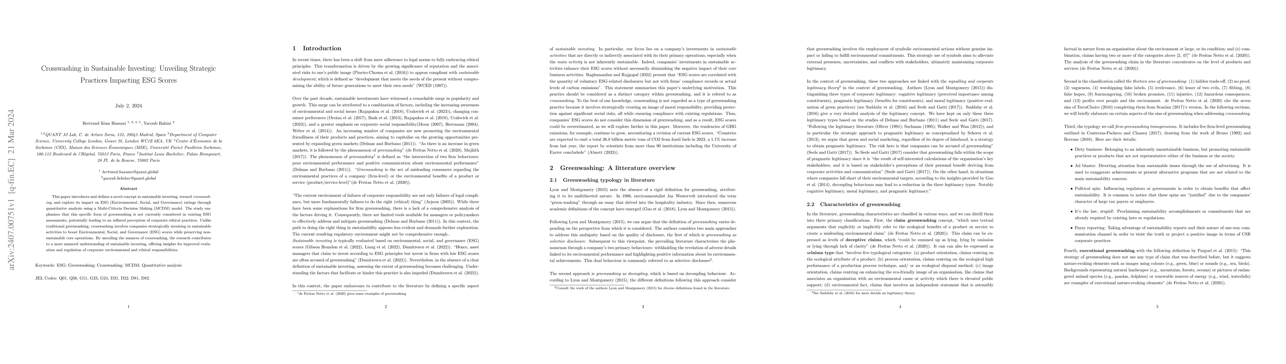 Thumbnail for Crosswashing in Sustainable Investing: Unveiling Strategic Practices
  Impacting ESG Scores