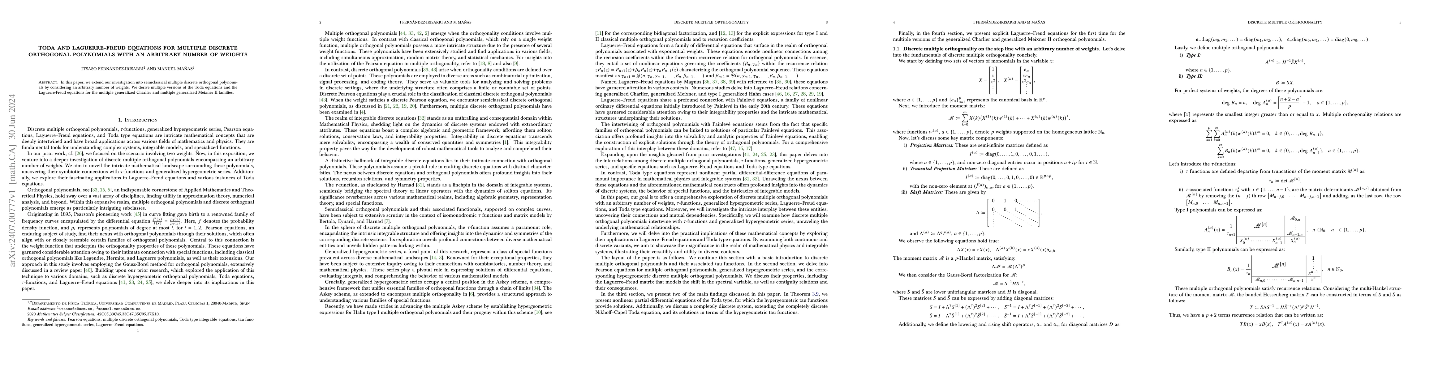 Thumbnail for Toda and Laguerre-Freud equations for multiple discrete orthogonal
  polynomials with an arbitrary number of weights
