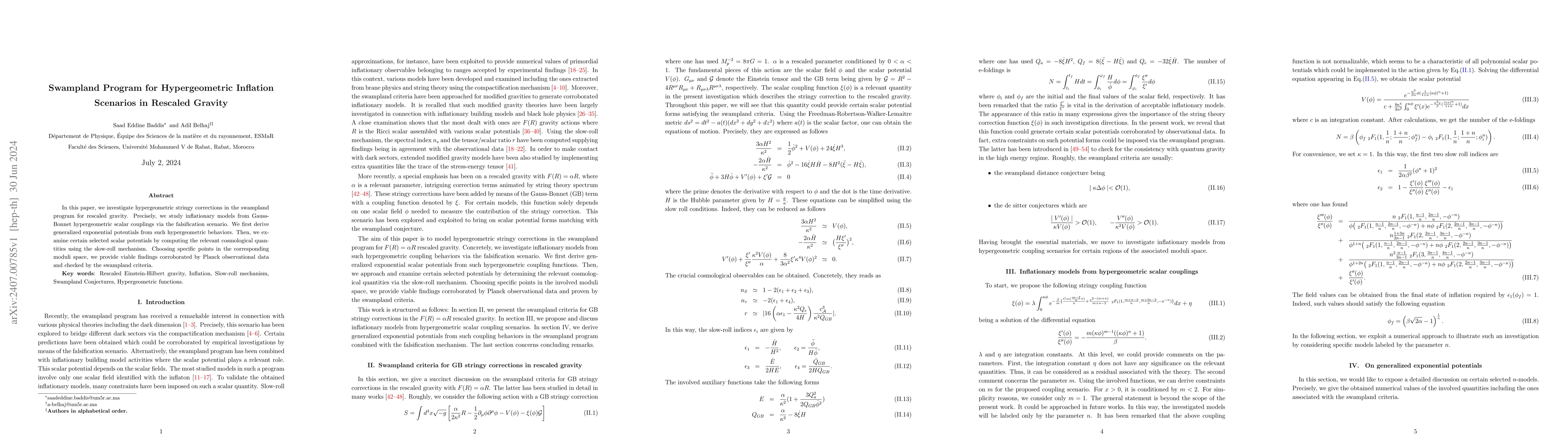 Thumbnail for Swampland Program for Hypergeometric Inflation Scenarios in Rescaled
  Gravity